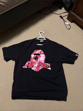 Bape Black Tee with Pink Camo Logo Block